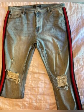 Men's Serenade Light Blue Distressed Jeans with Red & Black Side Stripes size 38